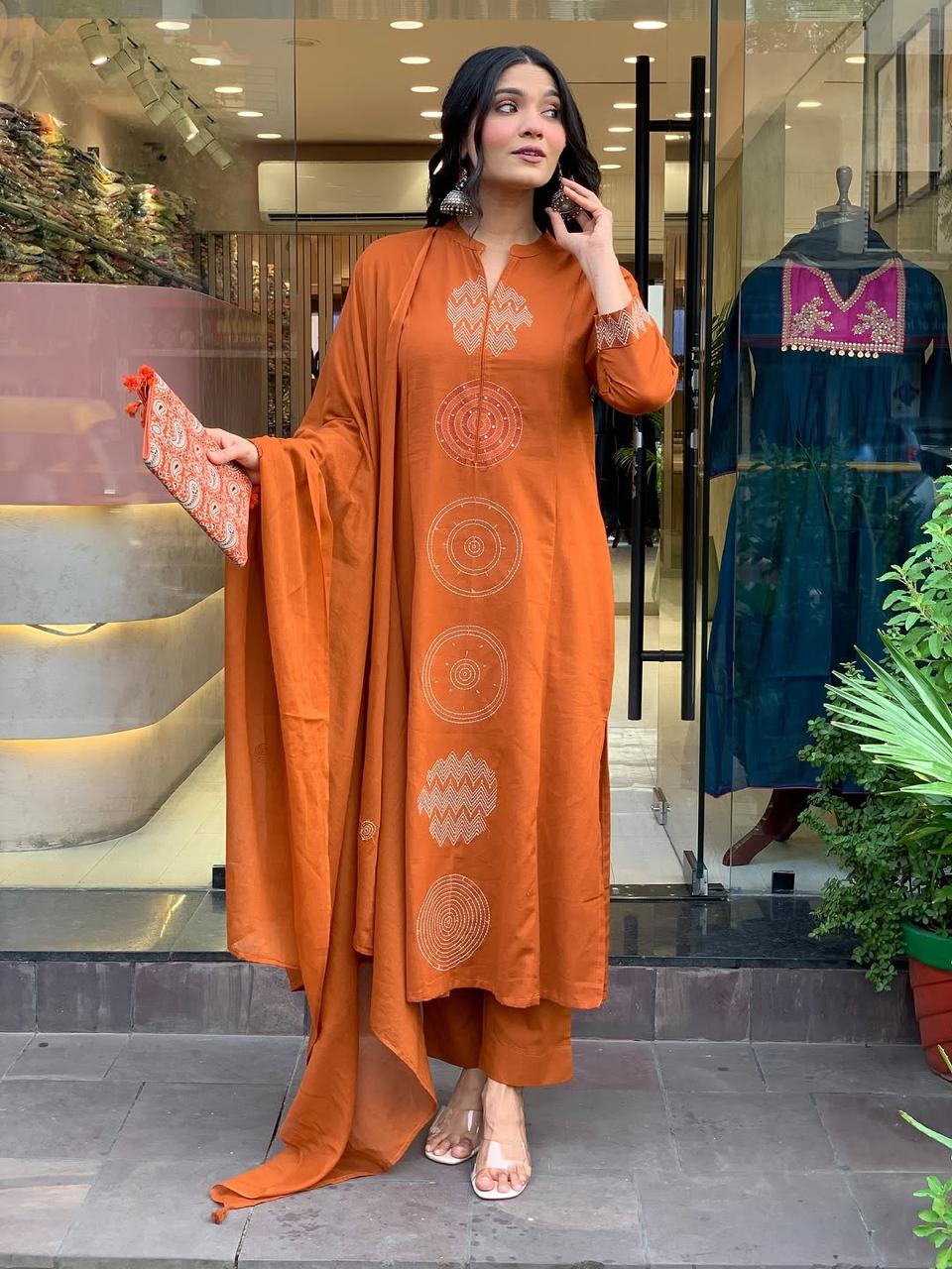 Rust Brown Pure Cotton Kurta Set with Embroidery – Festive & Casual Wear