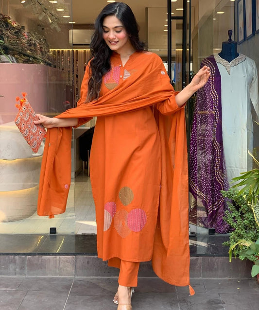 Rust Orange Embroidered Cotton Suit Set with Dupatta