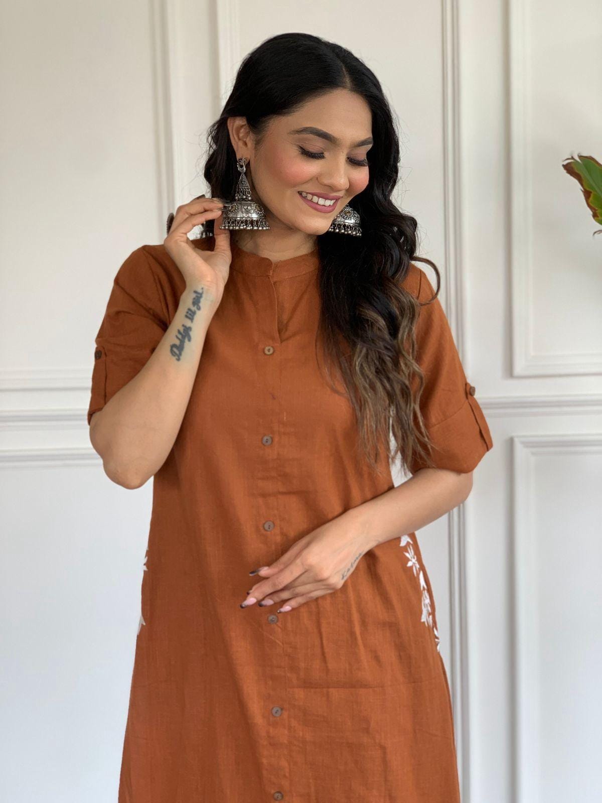 Rust Brown Cotton Slub Kurta and Palazzo Set with White Floral Embroidery