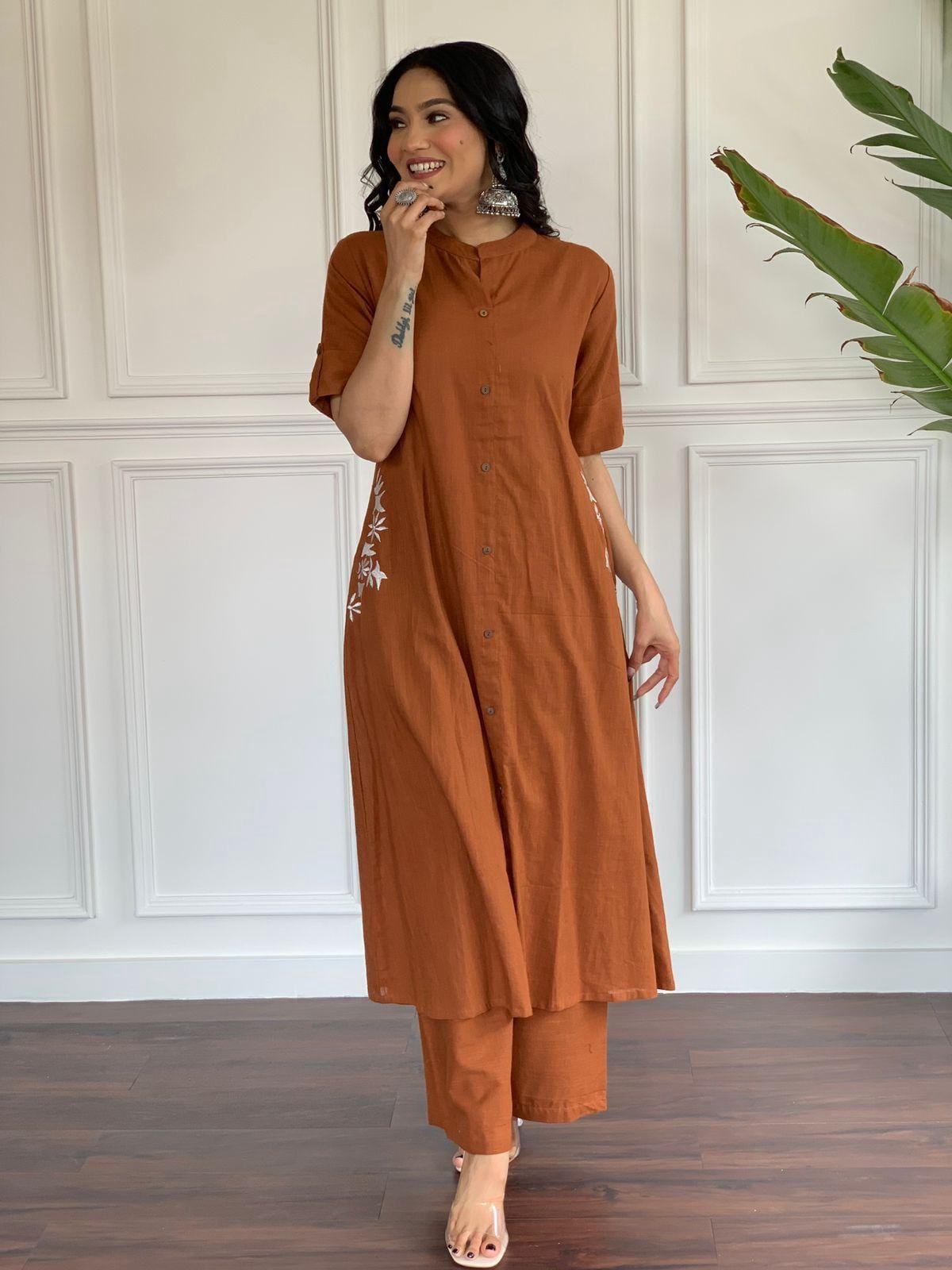 Rust Brown Cotton Slub Kurta and Palazzo Set with White Floral Embroidery