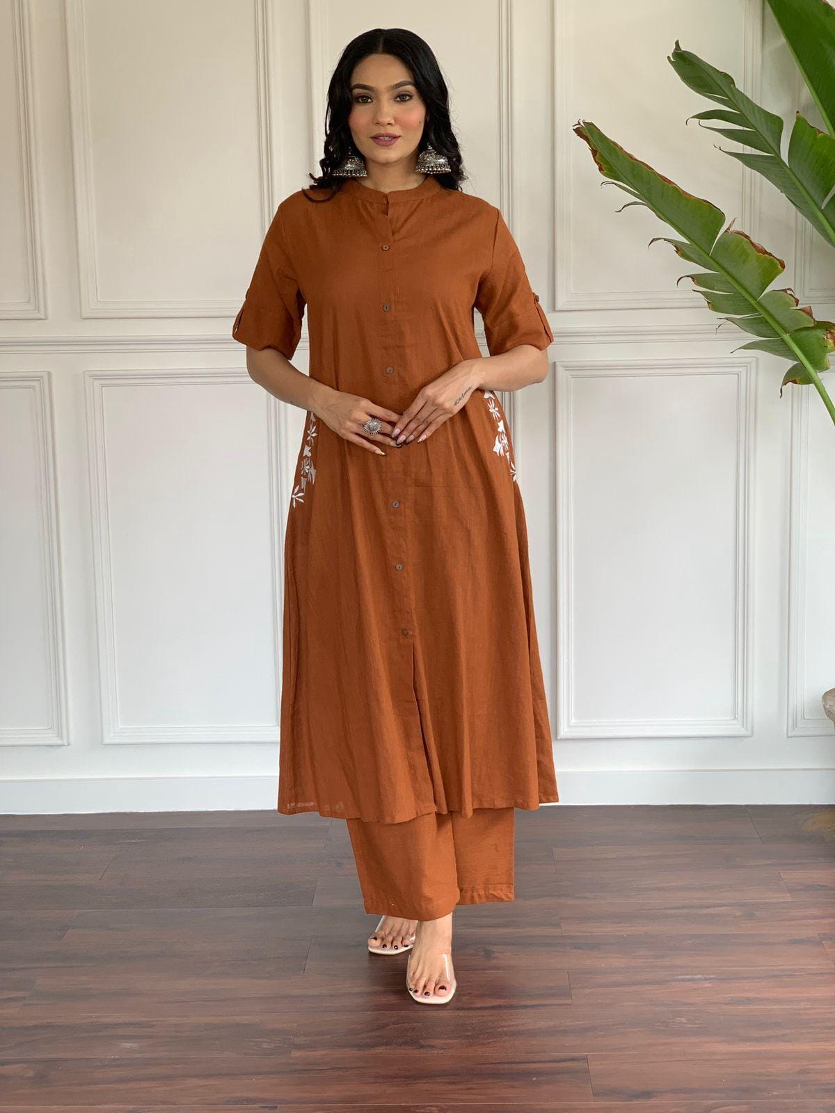 Rust Brown Cotton Slub Kurta and Palazzo Set with White Floral Embroidery