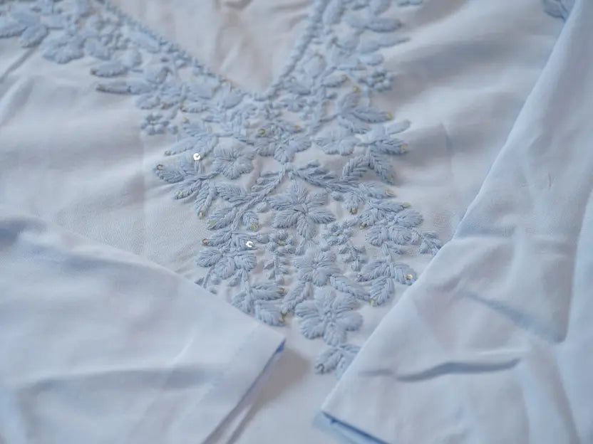 Serenity in Sky – Chikankari Embroidered Kurta Set with Crochet Palazzo