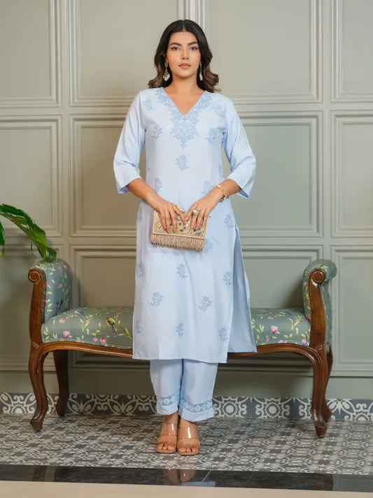 Serenity in Sky – Chikankari Embroidered Kurta Set with Crochet Palazzo