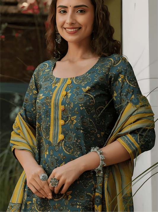 Teal Green Cotton Blend Suit Set with Mustard Floral Dupatta