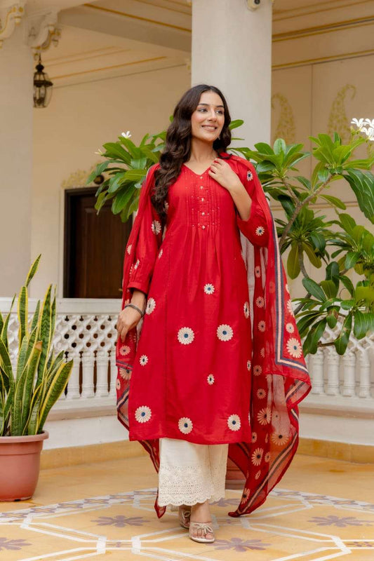 Red Cotton Embroidered Suit Set with Floral Dupatta