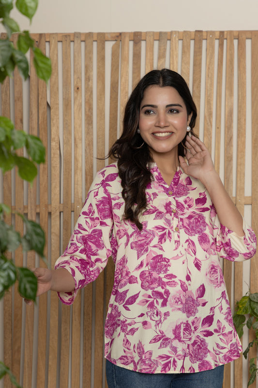 Off-White & Pink Floral Print Cotton Top – Chic Everyday Wear
