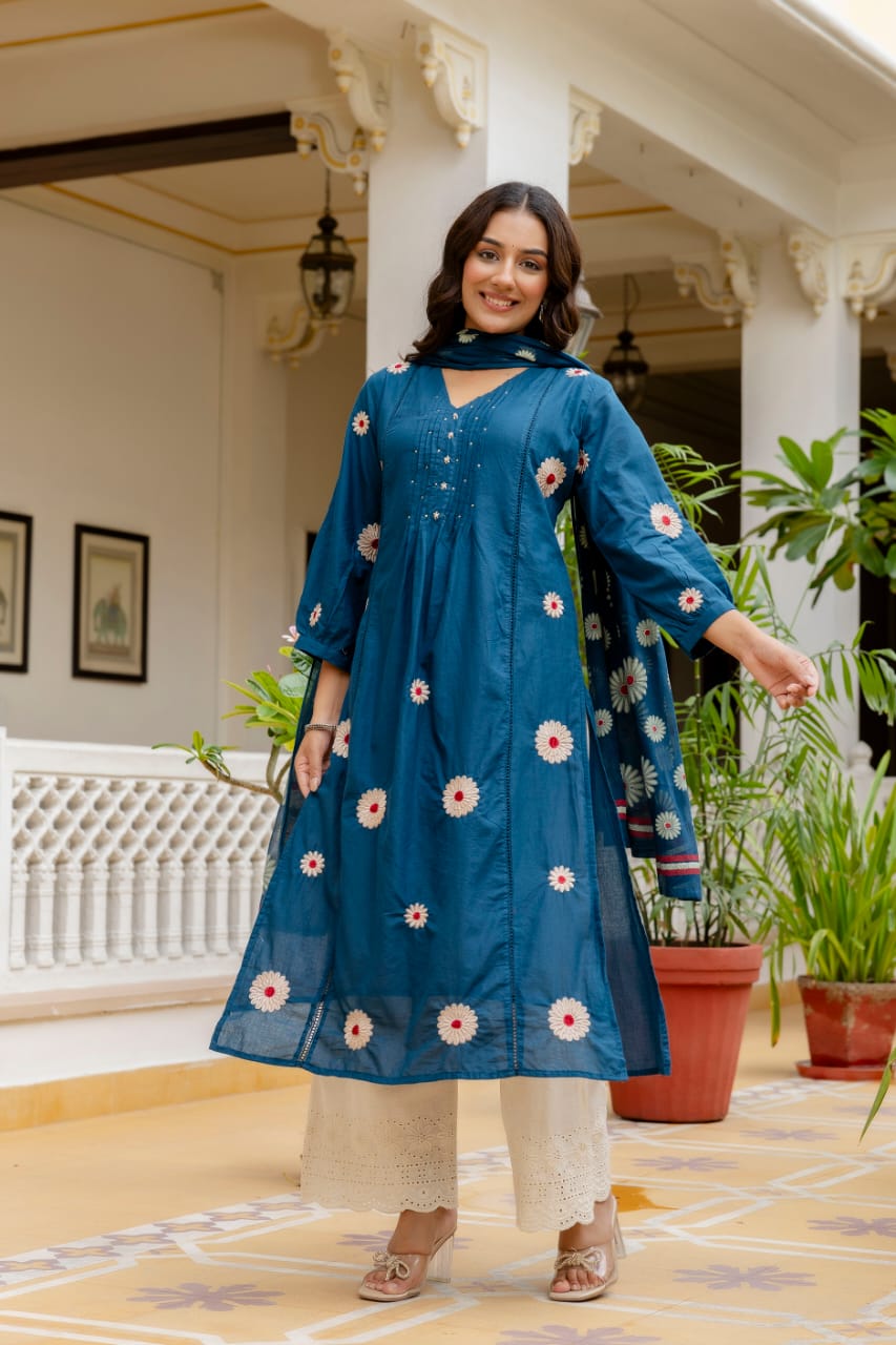 Deep Teal Blue Cotton Embroidered Suit Set with Floral Dupatta