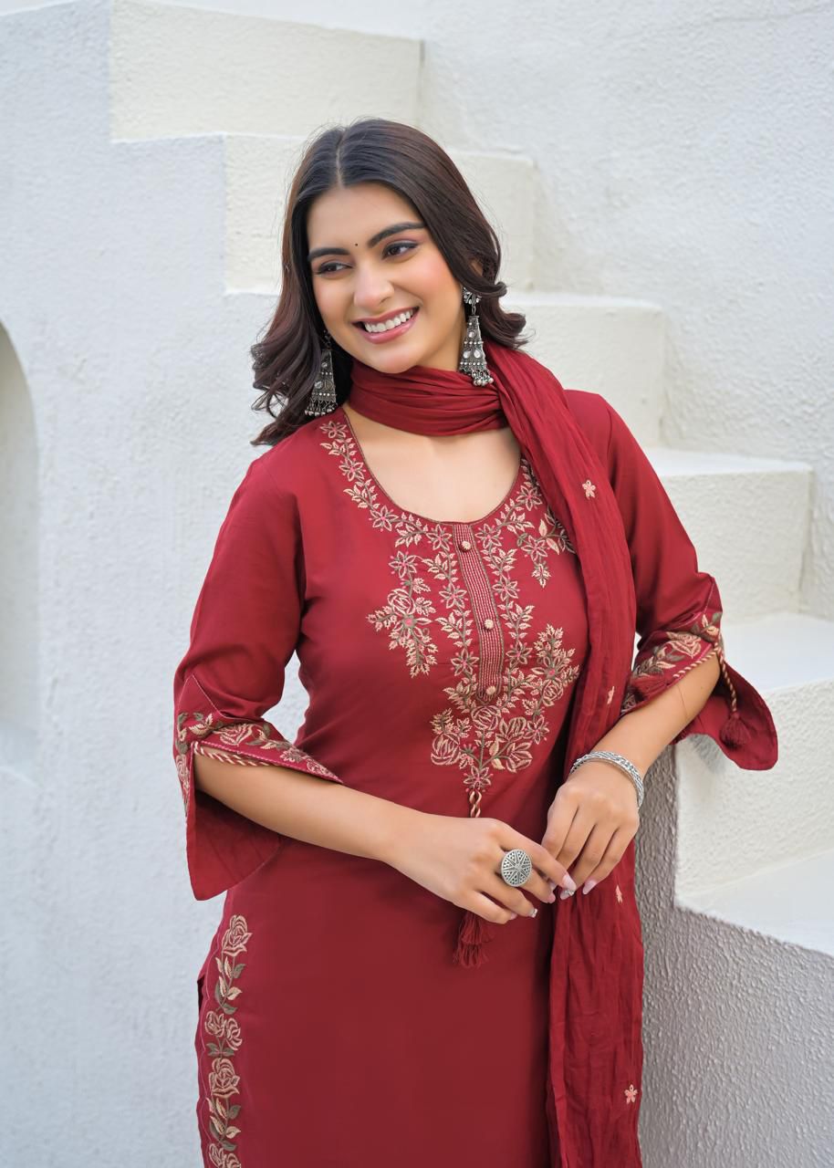 Deep Maroon Cotton Suit Set with Embroidered Floral Motifs