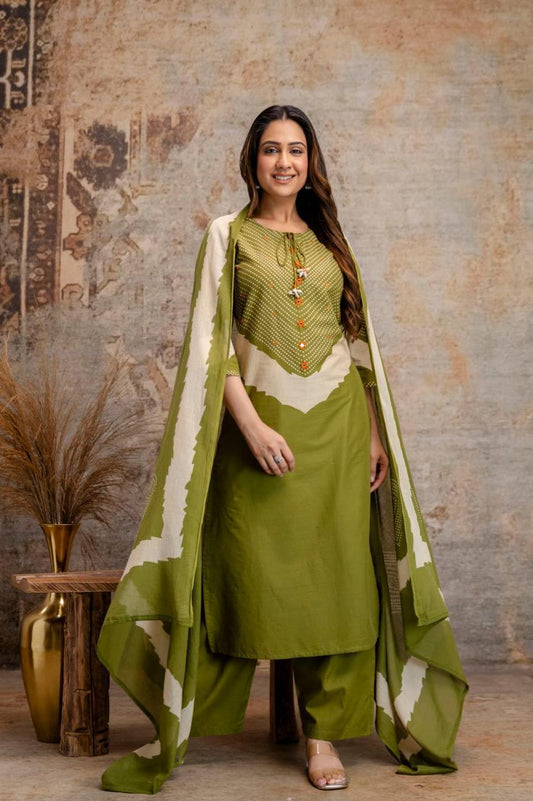 Olive Green Cotton Kurta Set with Printed Yoke & Dupatta – Elegant Ethnic Wear