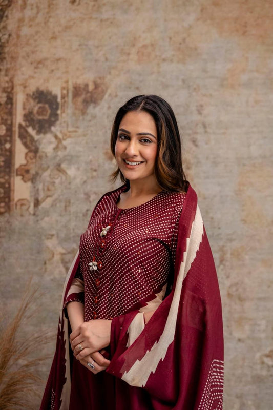 Maroon Cotton Kurta Set with Printed Yoke & Dupatta – Elegant Ethnic Wear
