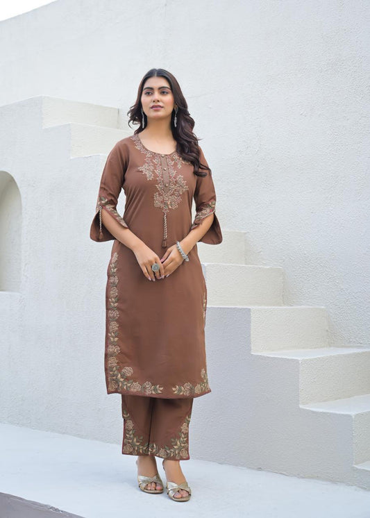 Coffee Brown Cotton Suit Set with Embroidered Floral Motifs