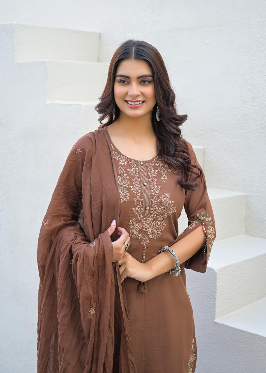 Coffee Brown Cotton Suit Set with Embroidered Floral Motifs