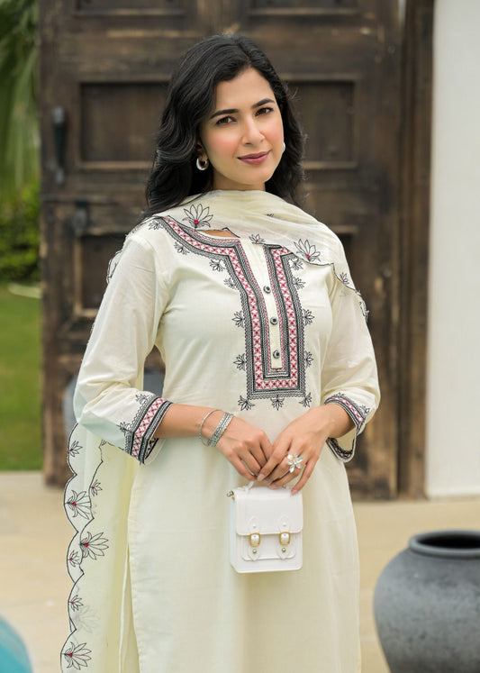 White Cotton Embroidered Suit Set with Contrast Detailing – Elegant Daily & Festive Wear