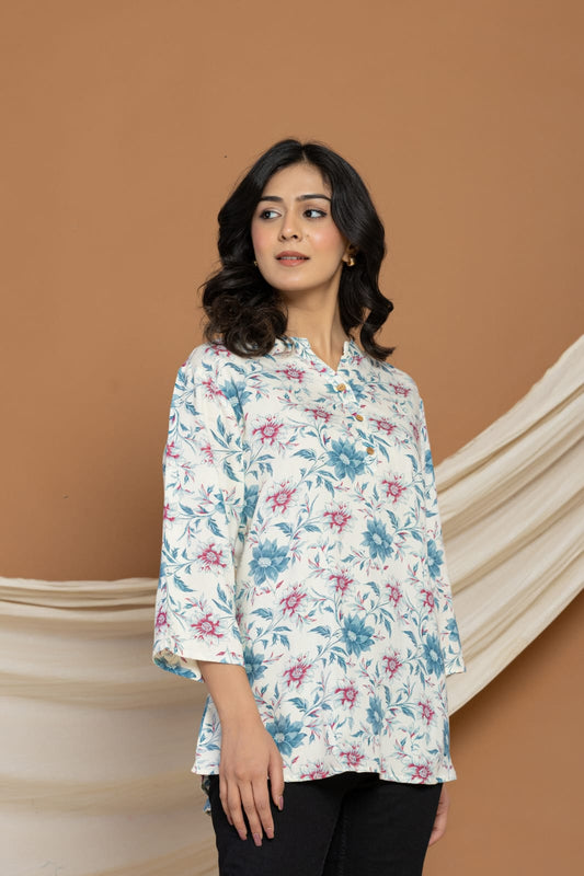 White Soft Cotton Top with Blue & Pink Floral Print