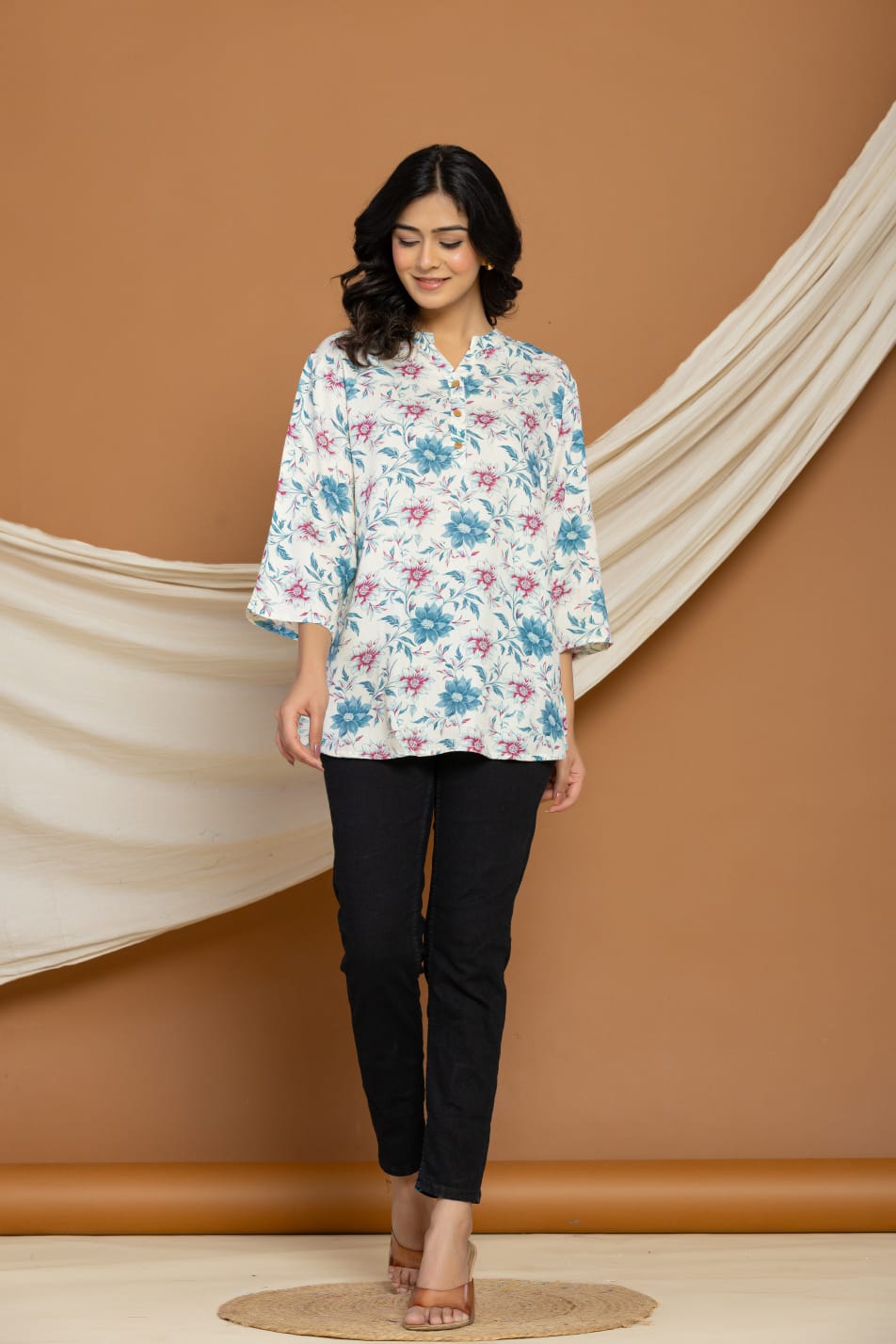 White Soft Cotton Top with Blue & Pink Floral Print