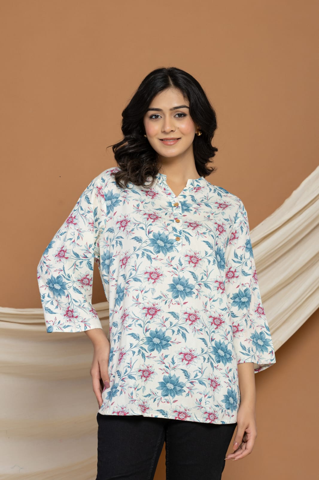 White Soft Cotton Top with Blue & Pink Floral Print