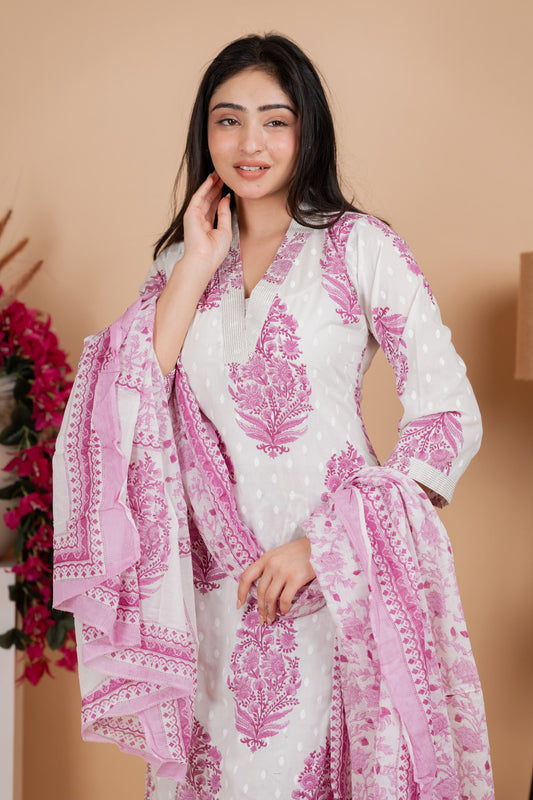 White & Pink Pure Cotton Suit Set – Festive & Daily Wear