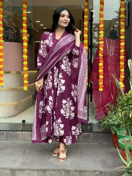 Wine Cotton Ethnic Set with Dupatta