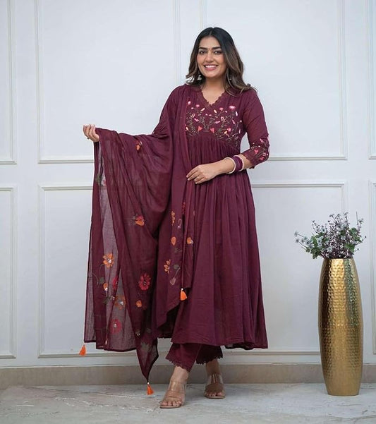 Wine Cotton Embroidered Anarkali Suit Set for Women with Dupatta