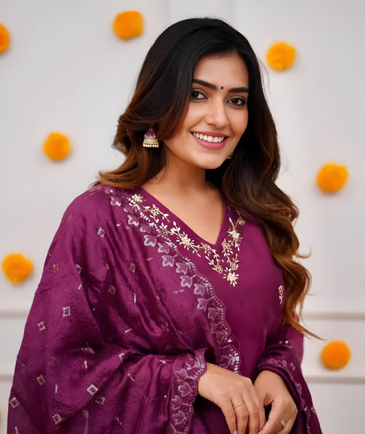 Wine Purple Viscose Suit Set with Delicate Thread Embroidery
