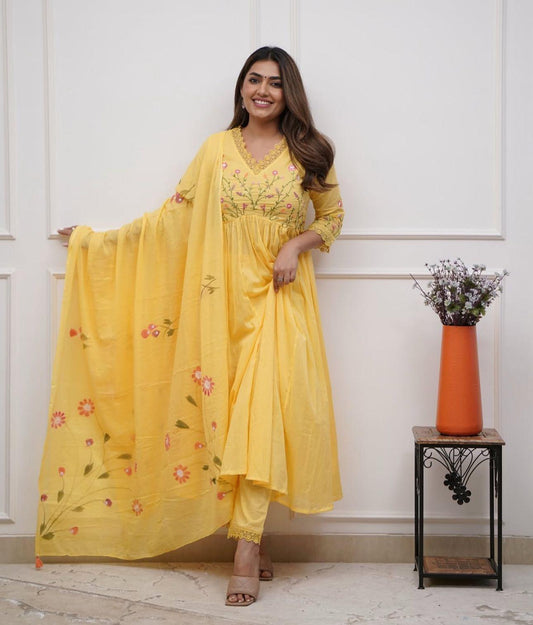 Yellow Cotton Embroidered Anarkali Suit Set for Women