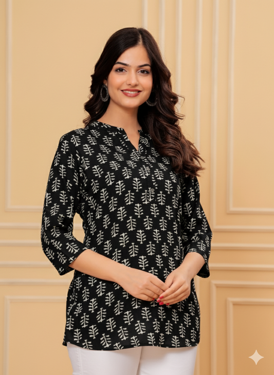 Black Cotton Printed Top – Everyday & Office Wear
