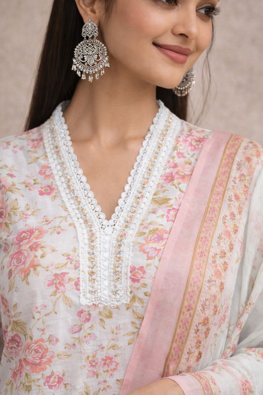 Mint Green Soft Cotton Kurta Set with Pink Floral Print – Elegant Day Wear