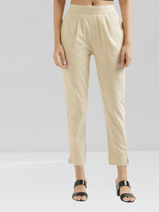 Off White Cotton Flex Pants with Side Pockets