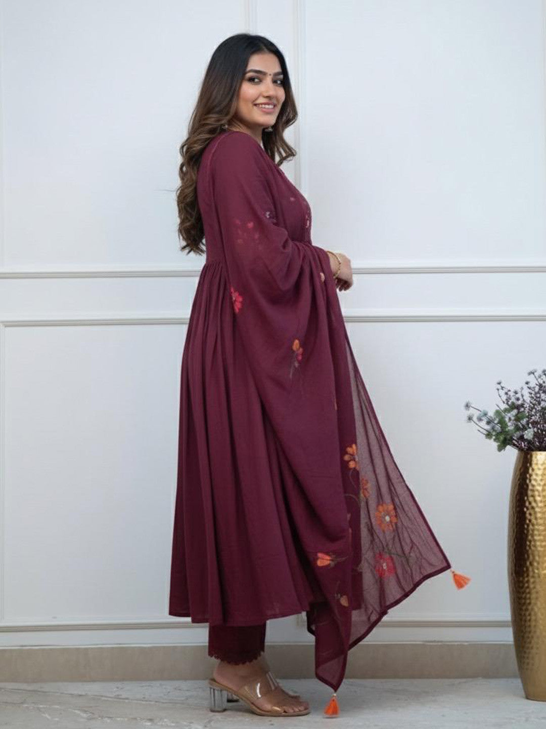 Wine Cotton Embroidered Anarkali Suit Set for Women with Dupatta