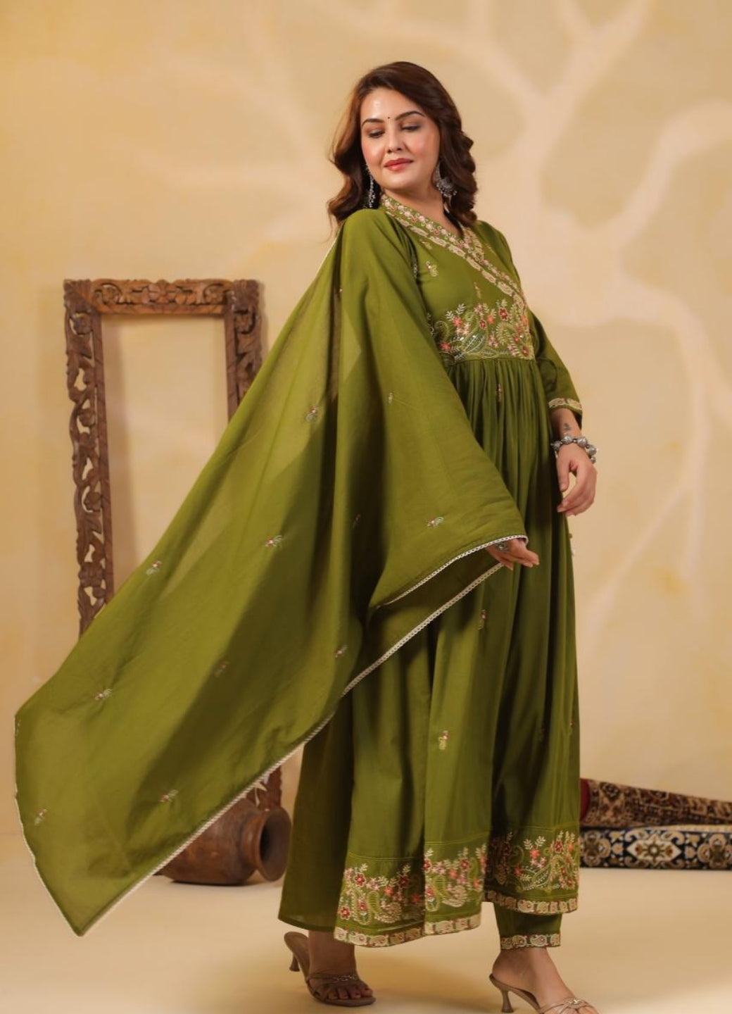 Olive Green Mul Cotton Angarkha Suit Set with Embroidered Detailing – Ethnic Wear