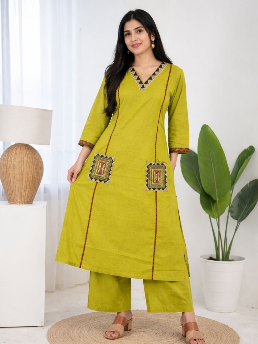 Lime Green Dabu Cotton A-Line Kurta Set with Embroidered Pockets