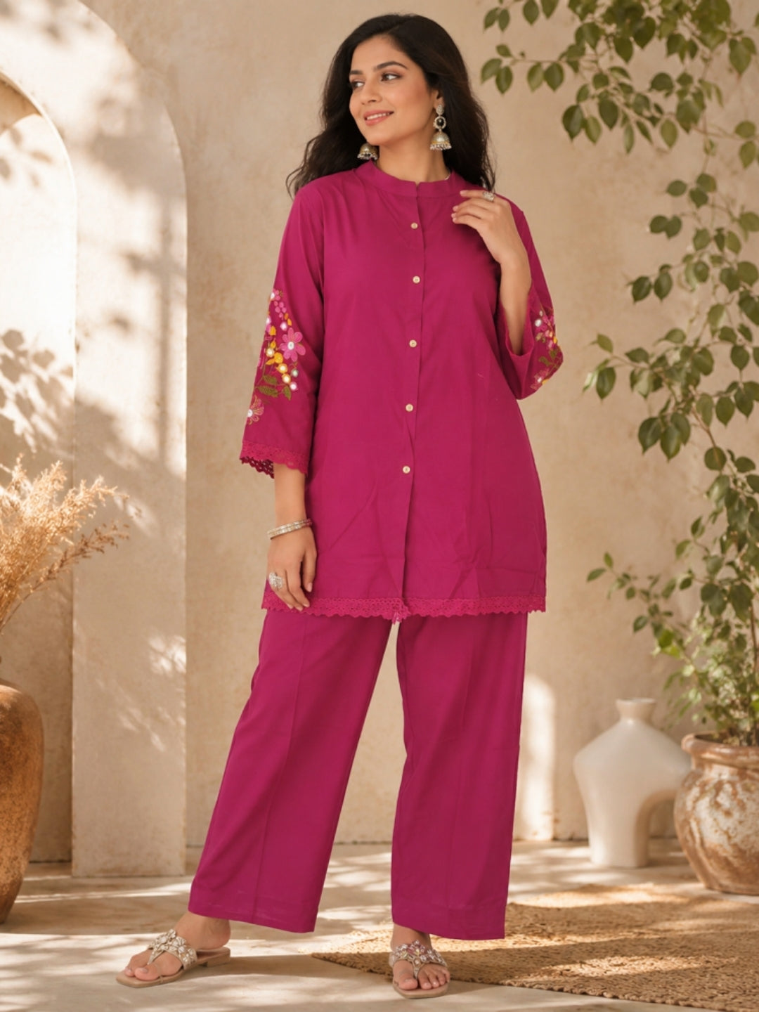 Berry Pink Pure Cotton Kurta Pant Set with Floral Embroidery