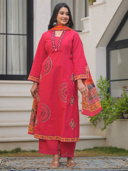 Deep Rose Pink Pure Cotton A-Line Kurta Set with Applique Work and Mirror Embroidery