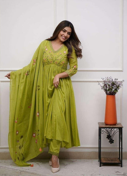 Lime Green Cotton Embroidered Anarkali Suit Set for Women with Dupatta