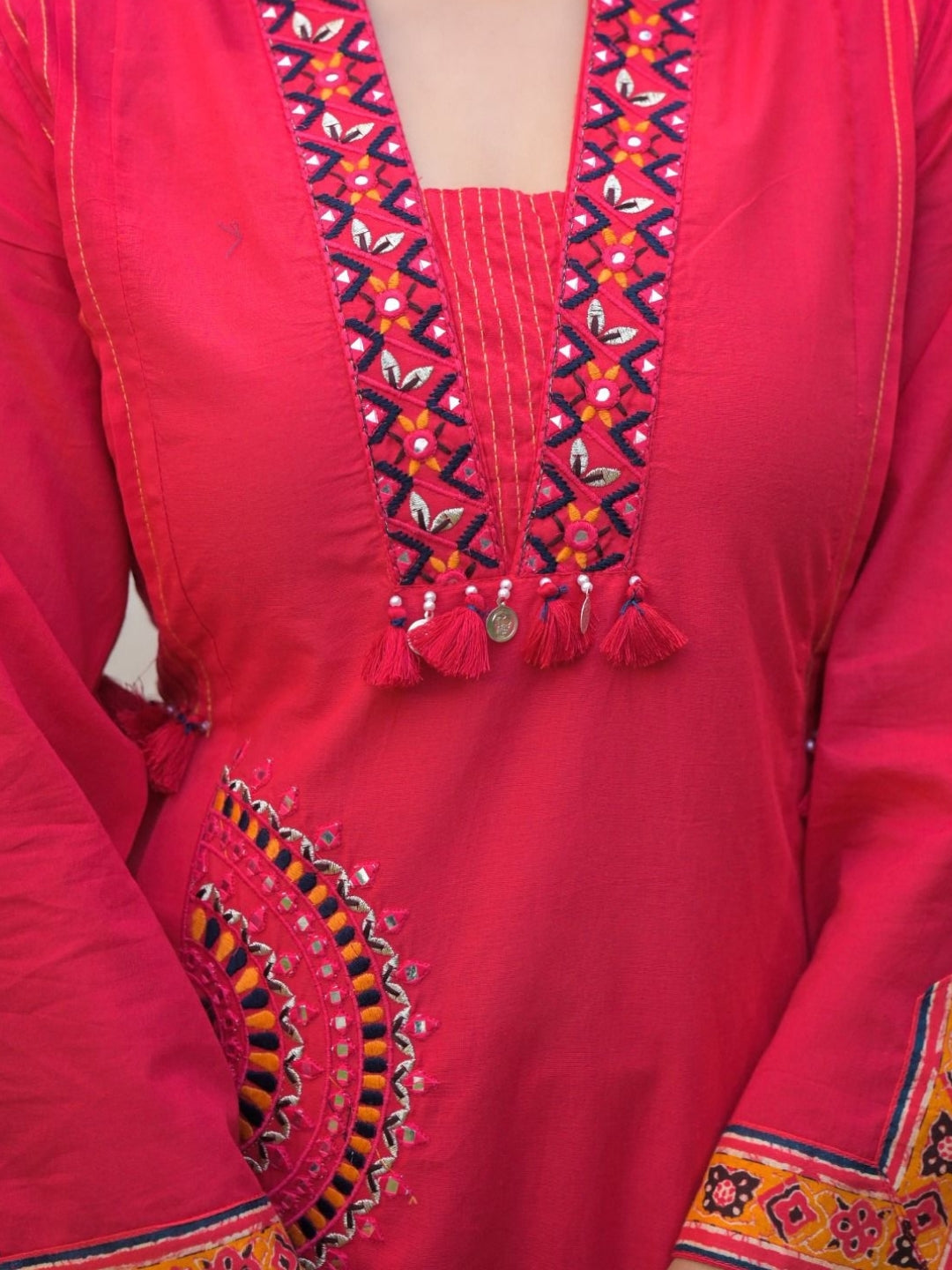 Deep Rose Pink Pure Cotton A-Line Kurta Set with Applique Work and Mirror Embroidery
