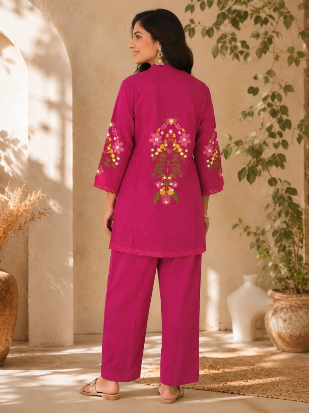 Berry Pink Pure Cotton Kurta Pant Set with Floral Embroidery