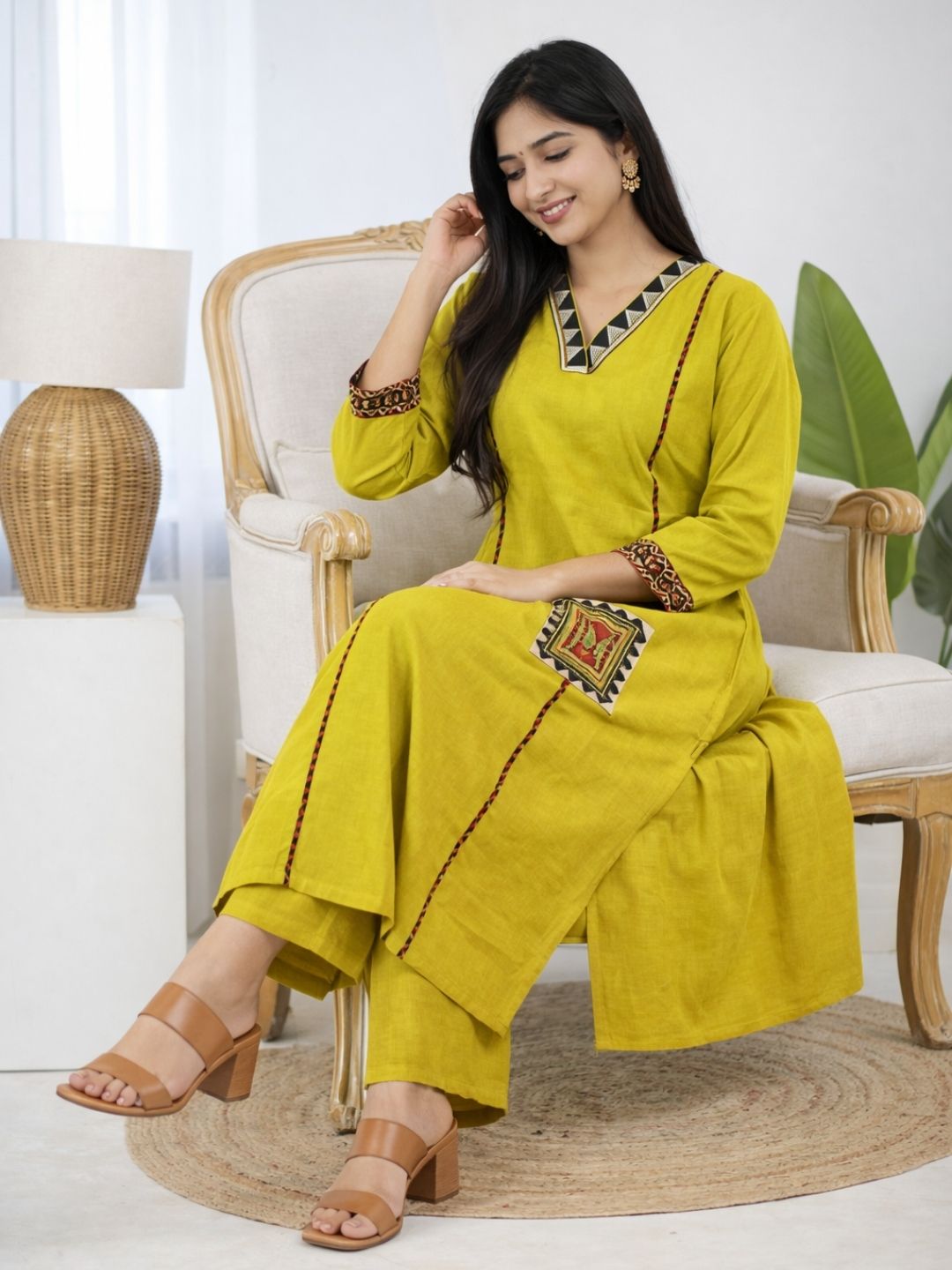 Lime Green Dabu Cotton A-Line Kurta Set with Embroidered Pockets