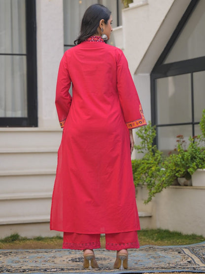Deep Rose Pink Pure Cotton A-Line Kurta Set with Applique Work and Mirror Embroidery