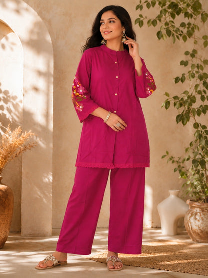 Berry Pink Pure Cotton Kurta Pant Set with Floral Embroidery
