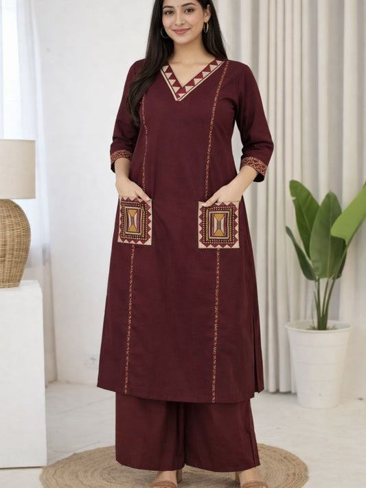 Wine Dabu Cotton A-Line Kurta Set with Embroidered Pockets