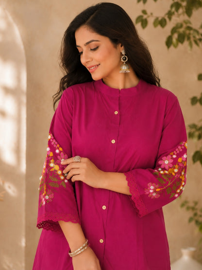 Berry Pink Pure Cotton Kurta Pant Set with Floral Embroidery