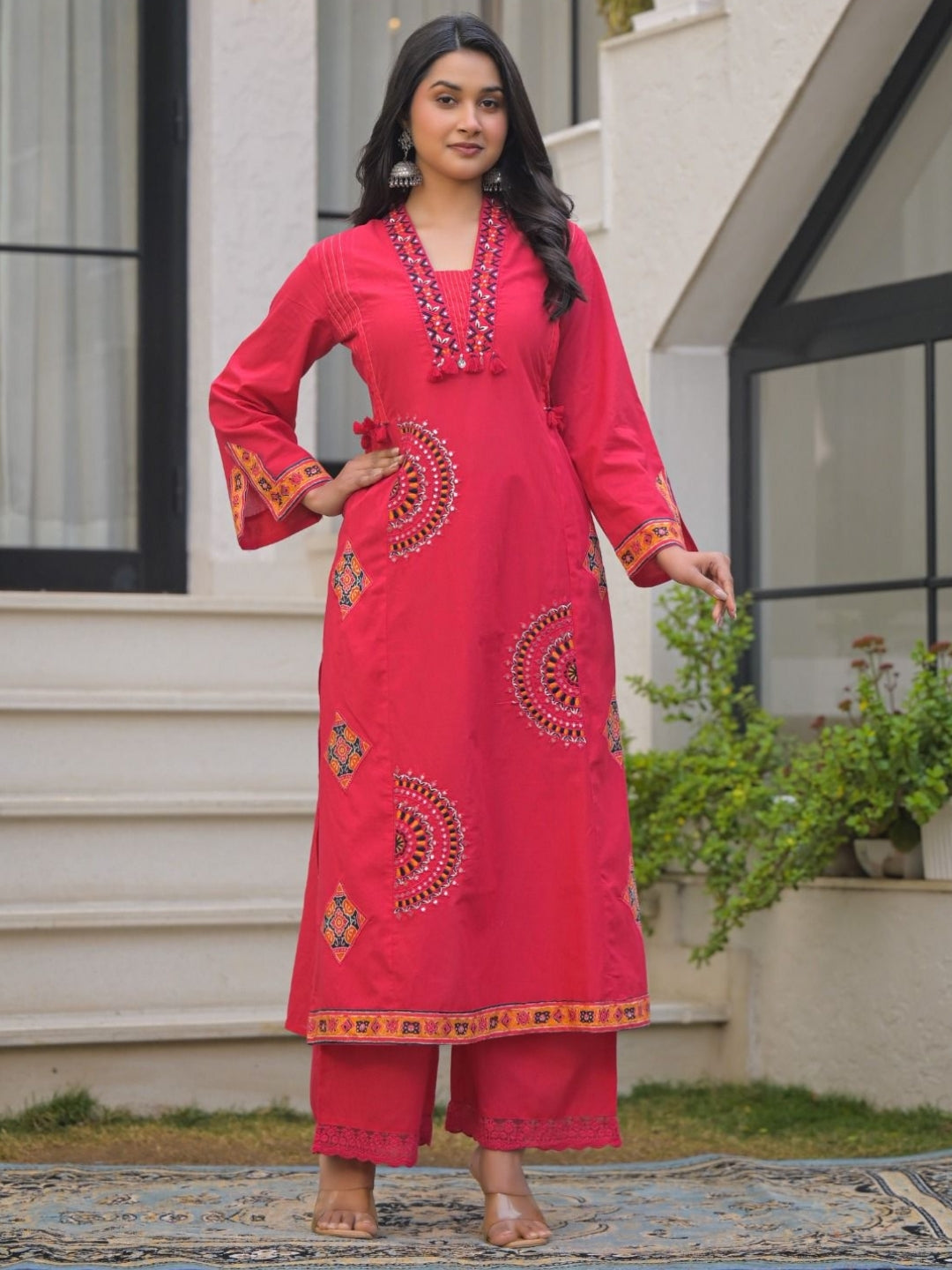 Deep Rose Pink Pure Cotton A-Line Kurta Set with Applique Work and Mirror Embroidery