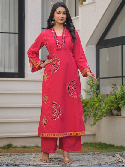 Deep Rose Pink Pure Cotton A-Line Kurta Set with Applique Work and Mirror Embroidery