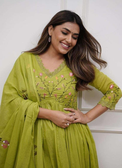 Lime Green Cotton Embroidered Anarkali Suit Set for Women with Dupatta
