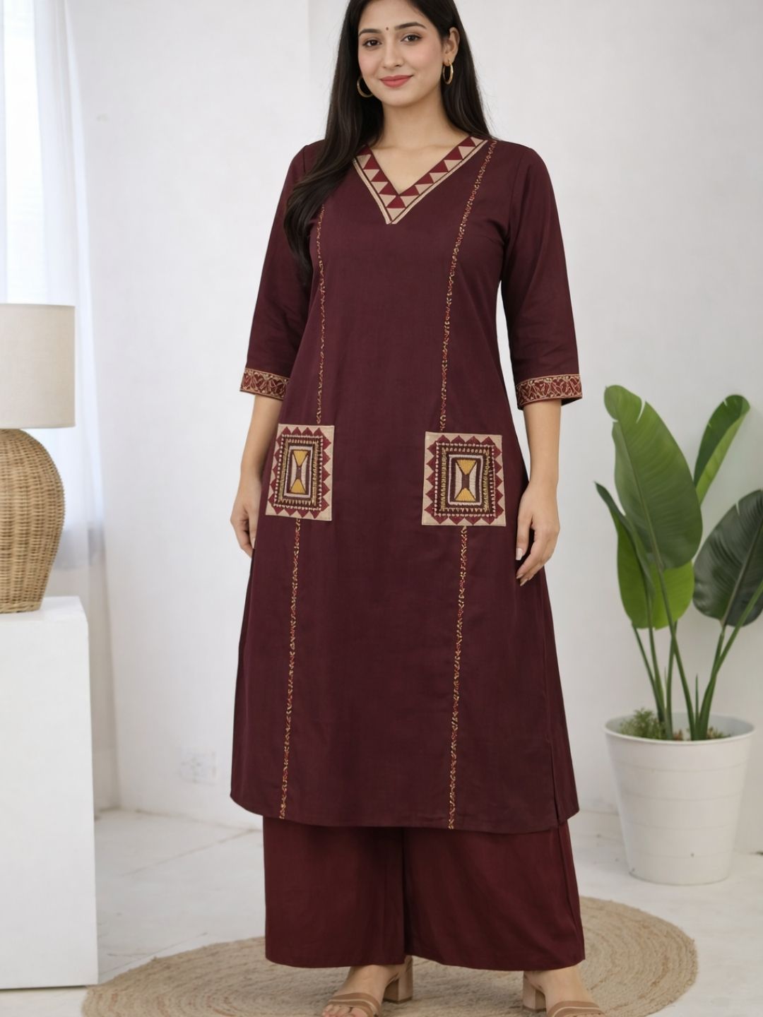 Wine Dabu Cotton A-Line Kurta Set with Embroidered Pockets