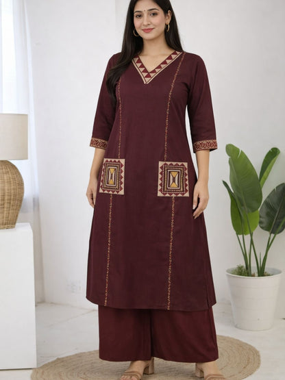 Wine Dabu Cotton A-Line Kurta Set with Embroidered Pockets
