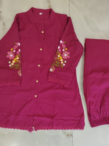 Berry Pink Pure Cotton Kurta Pant Set with Floral Embroidery