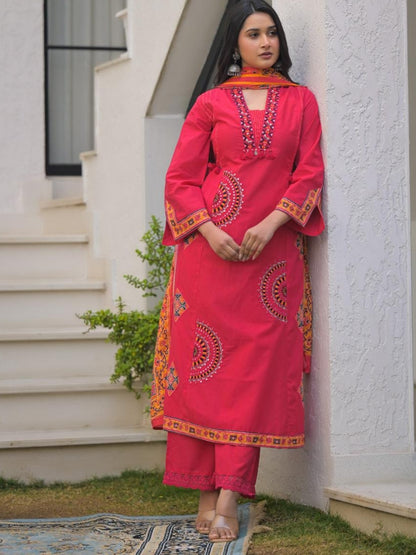 Deep Rose Pink Pure Cotton A-Line Kurta Set with Applique Work and Mirror Embroidery