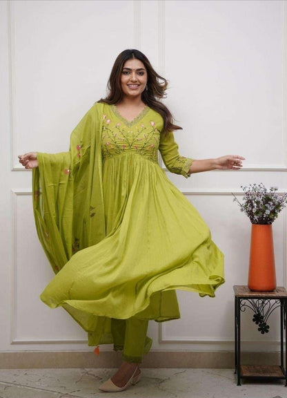 Lime Green Cotton Embroidered Anarkali Suit Set for Women with Dupatta