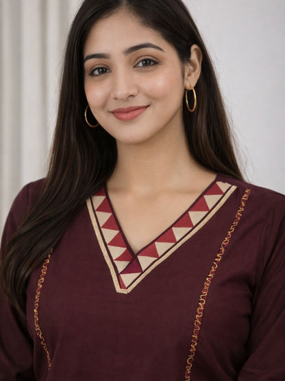 Wine Dabu Cotton A-Line Kurta Set with Embroidered Pockets